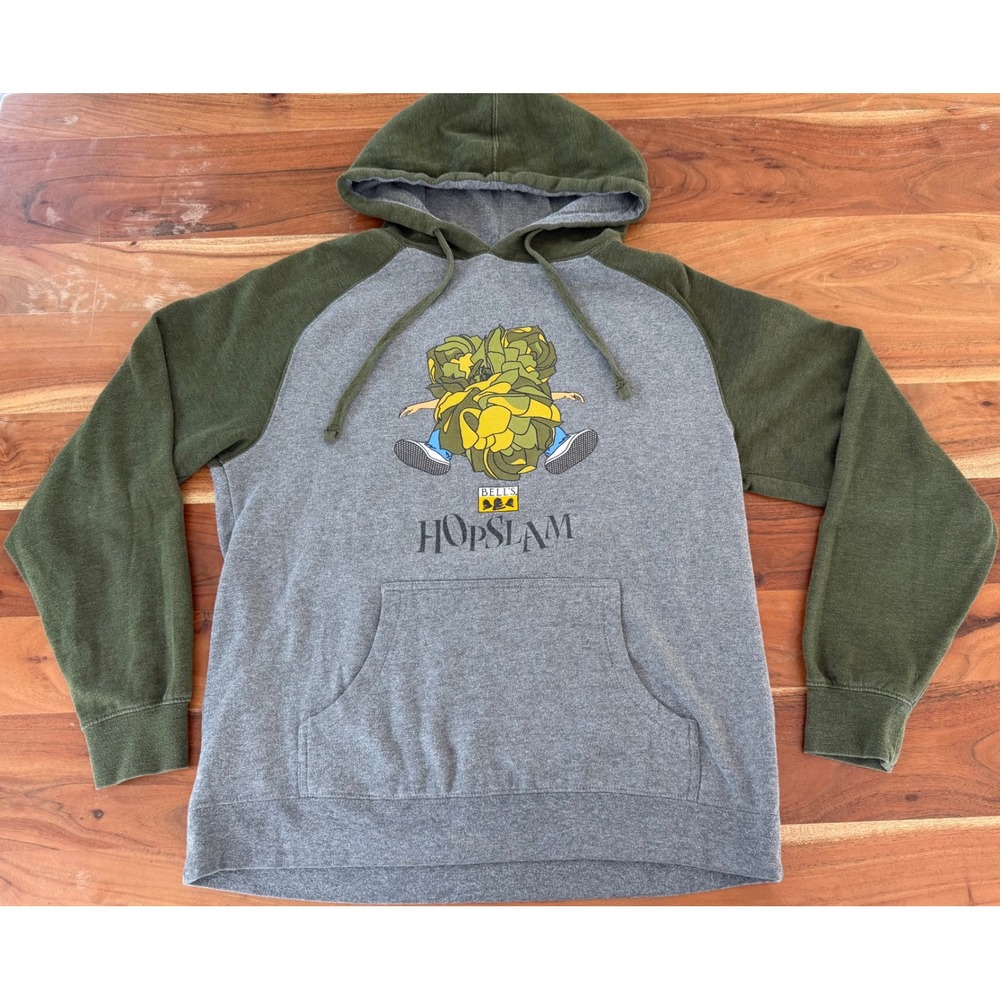Bells Brewery Hopslam Ale Hoodie Mens Small Gray Green Raglan Graphic Sweatshirt